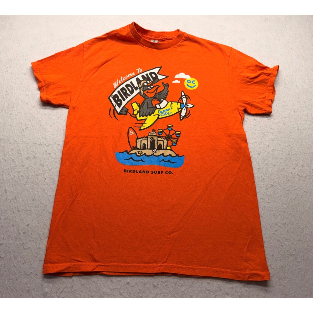 Birdland Surf Co Ocean City MD Graphic T-Shirt Mens Medium Orange Gildan Cotton
